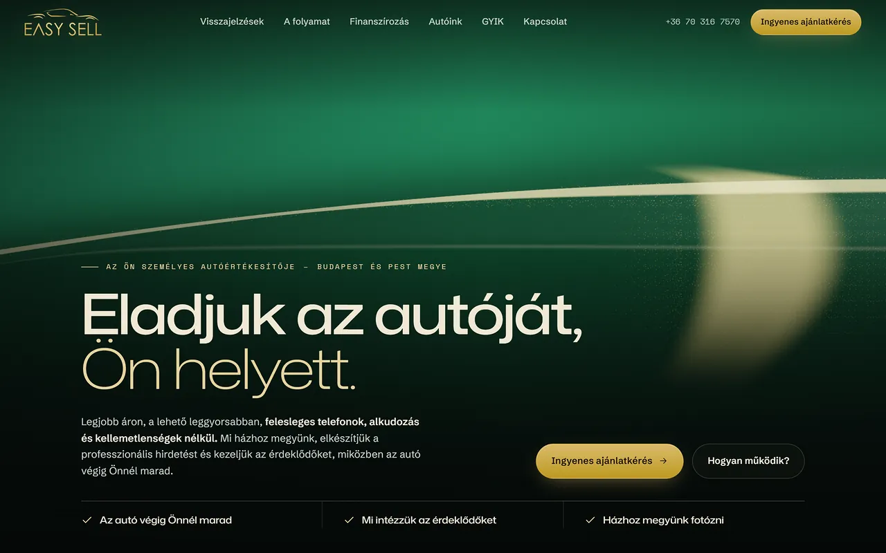 Az EasySell nyitóoldala: sötétzöld fényezés-animáció, cím: Eladjuk az autóját, Ön helyett.